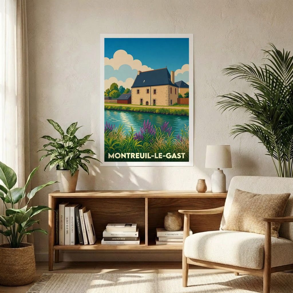 Affiche souvenir de la ville de Montreuil-le-Gast avec une illustration stylisée d'un paysage fluvial.