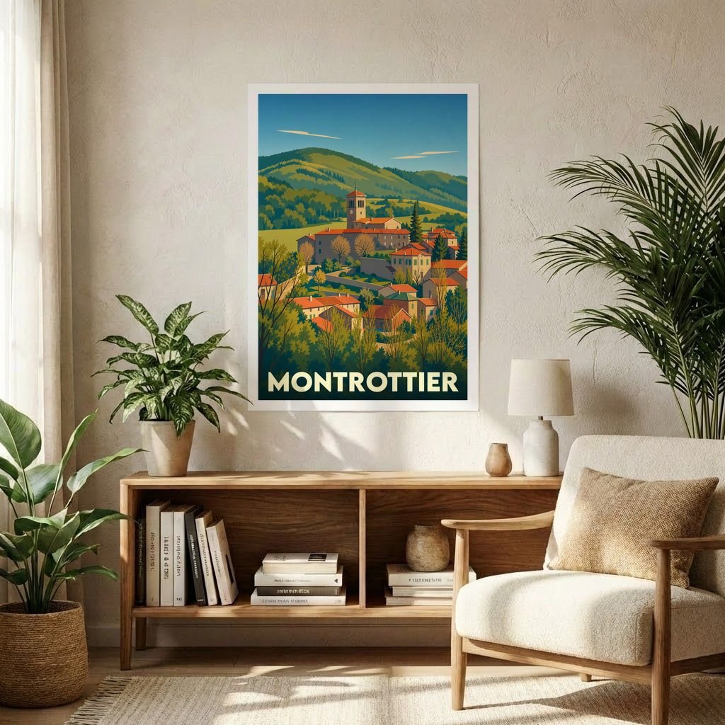 Affiche souvenir de la ville de Montrottier avec une illustration stylisée de ses paysages et bâtiments.