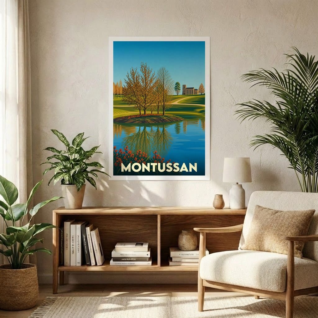 Affiche souvenir de la ville de Montussan avec une illustration stylisée d'un paysage lacustre.