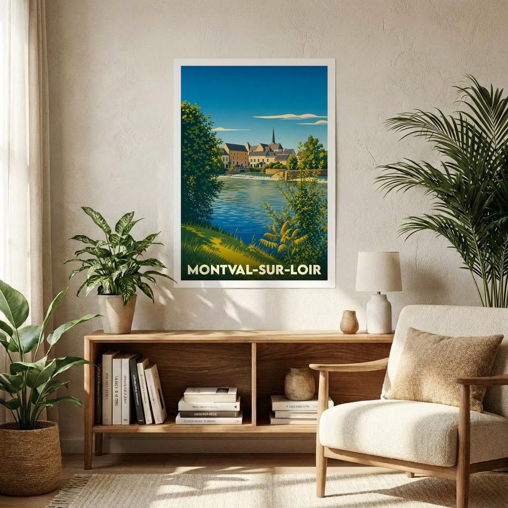 Affiche souvenir de la ville de Montval-sur-Loir avec une illustration stylisée d'un paysage fluvial.
