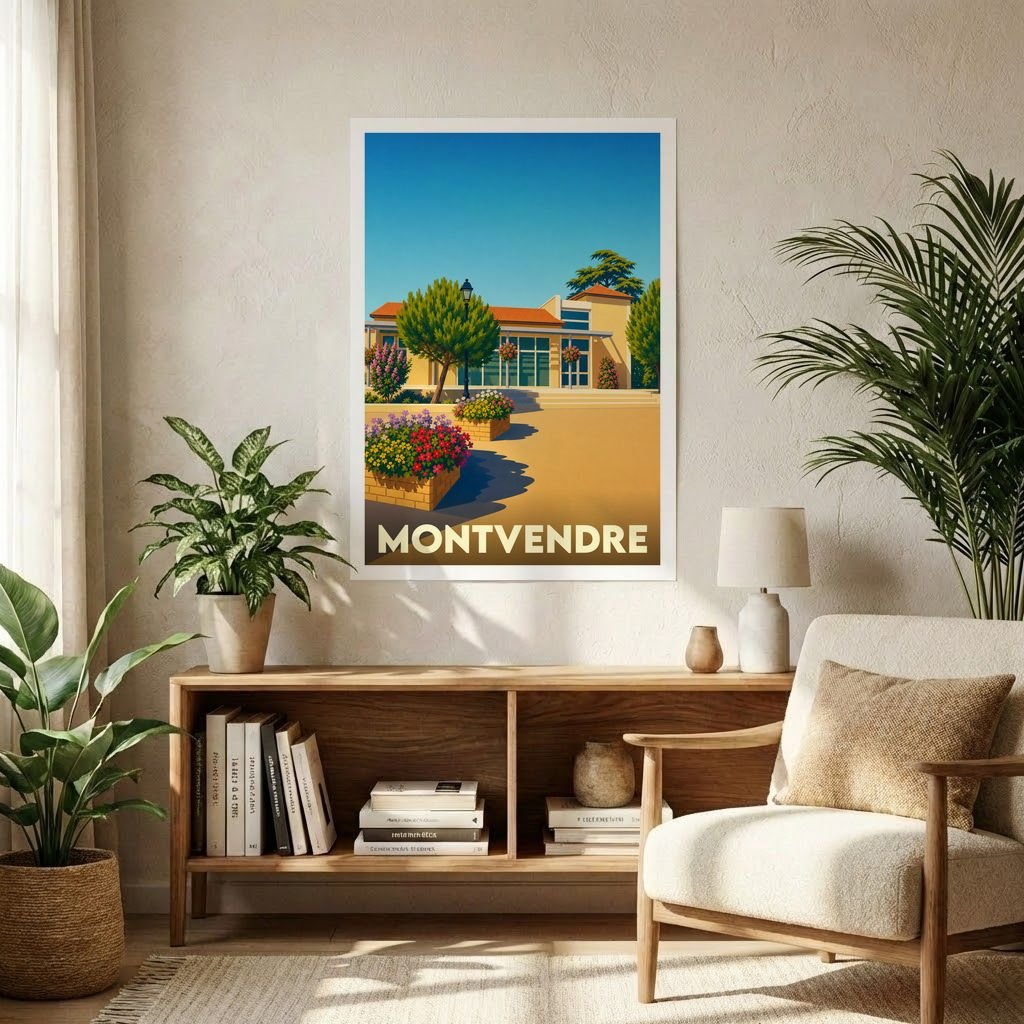 Affiche souvenir de la ville de Montvendre avec une illustration colorée et stylisée de son architecture et ses jardins.