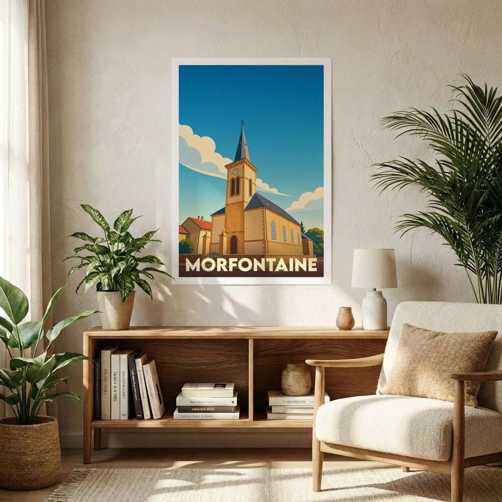 Affiche souvenir de la ville de Morfontaine avec une illustration stylisée de son église sous un ciel bleu.