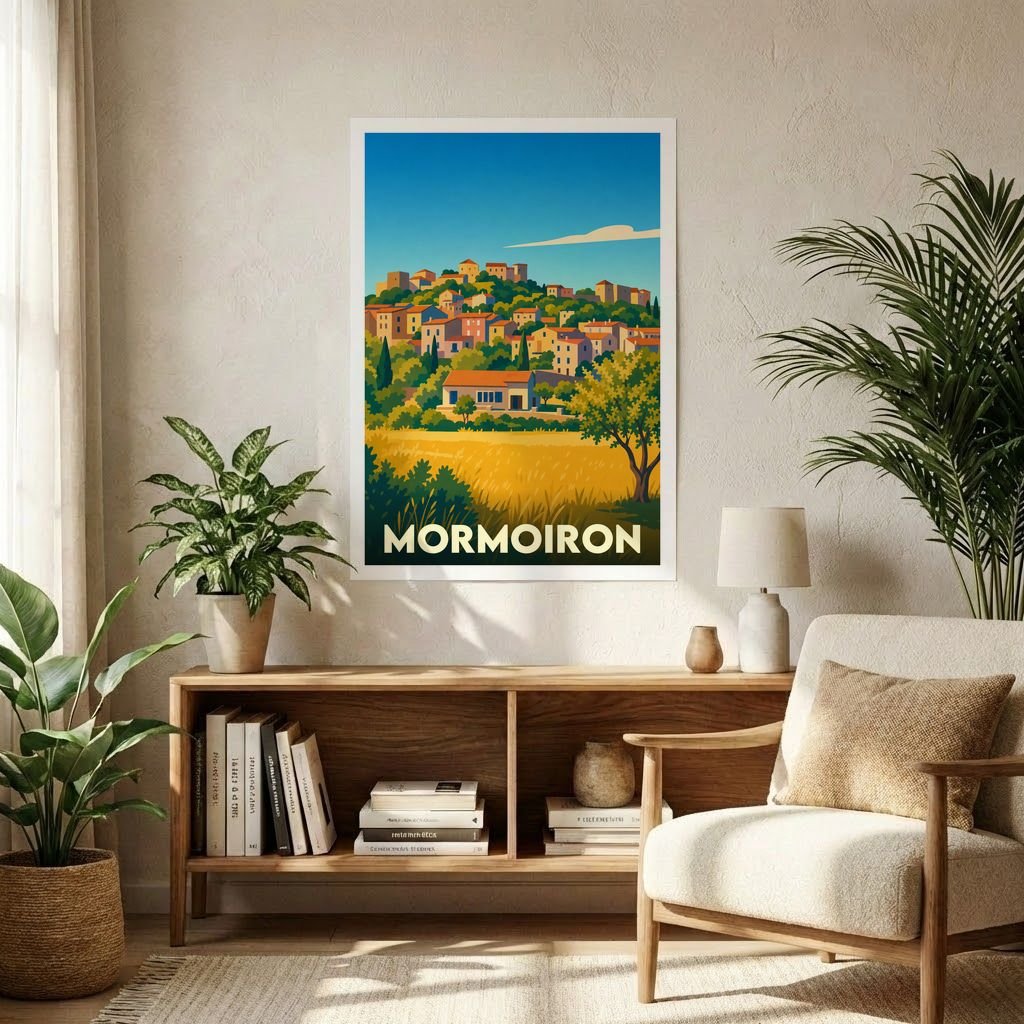 Affiche souvenir de la ville de Mormoiron représentant un paysage provençal avec une illustration stylisée.