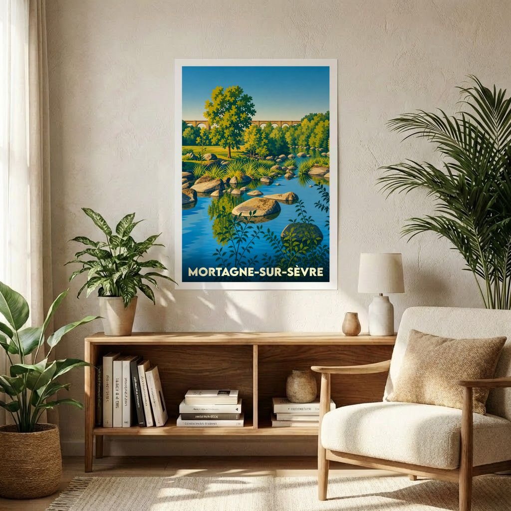 Affiche souvenir de la ville de Mortagne-sur-Sèvre représentant un paysage de rivière illustré avec style.