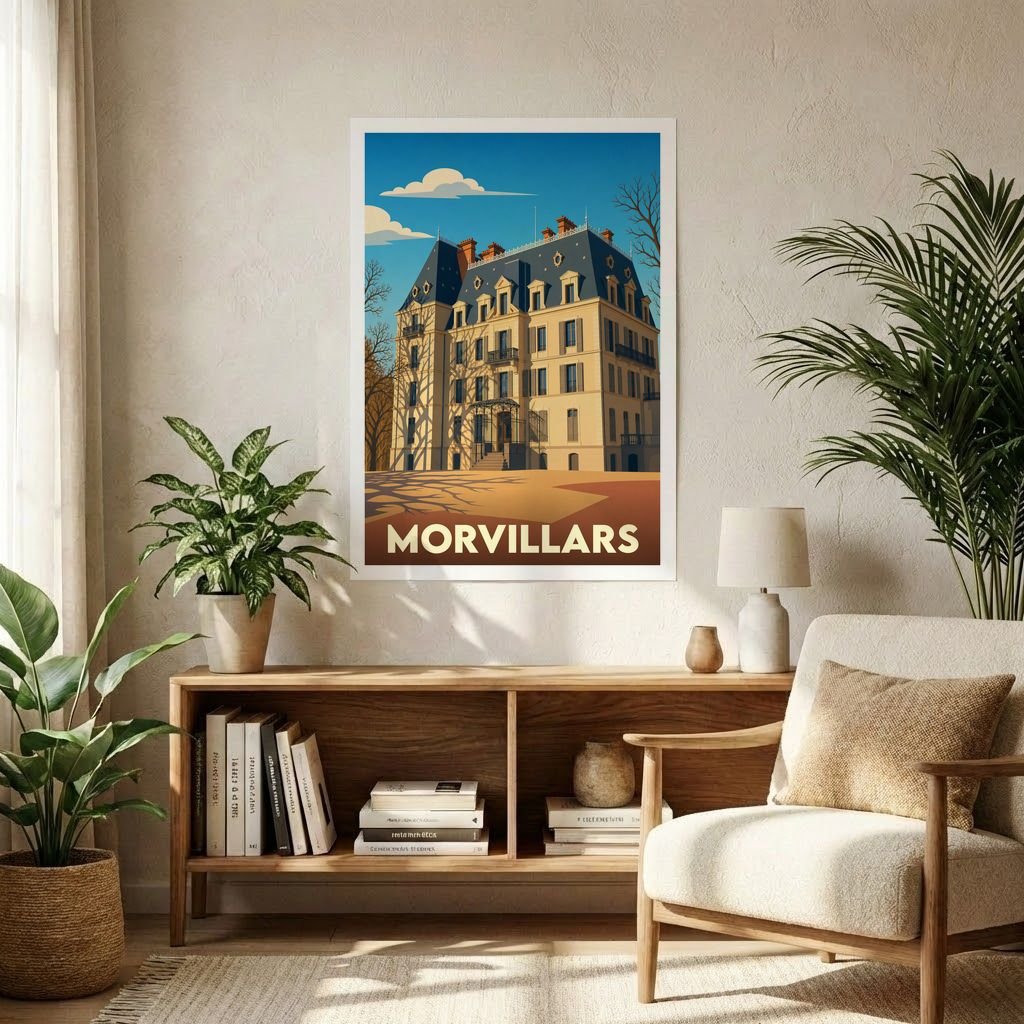 Affiche souvenir de la ville de Morvillars illustrant un château majestueux dans un style rétro.