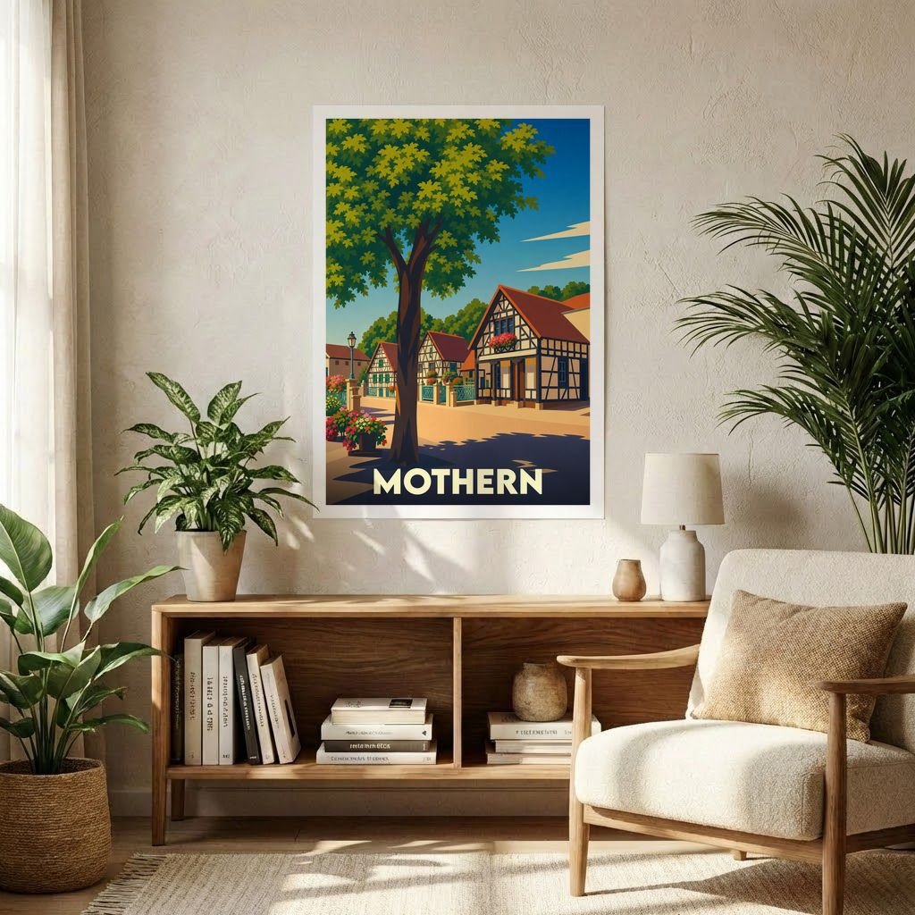 Affiche souvenir de la ville de Mothern avec une illustration stylisée de maisons à colombages.