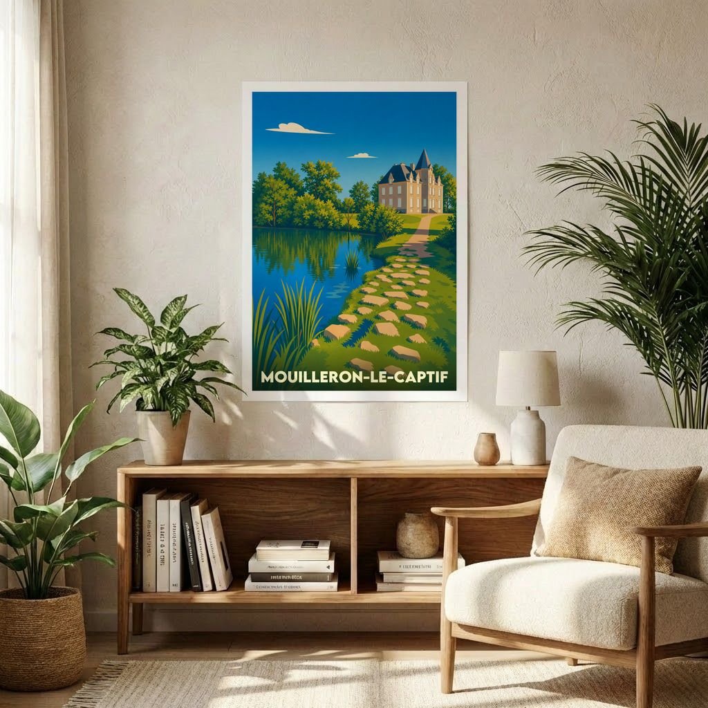 Affiche souvenir de la ville de Mouilleron-le-Captif avec une illustration stylisée d'un château au bord de l'eau.