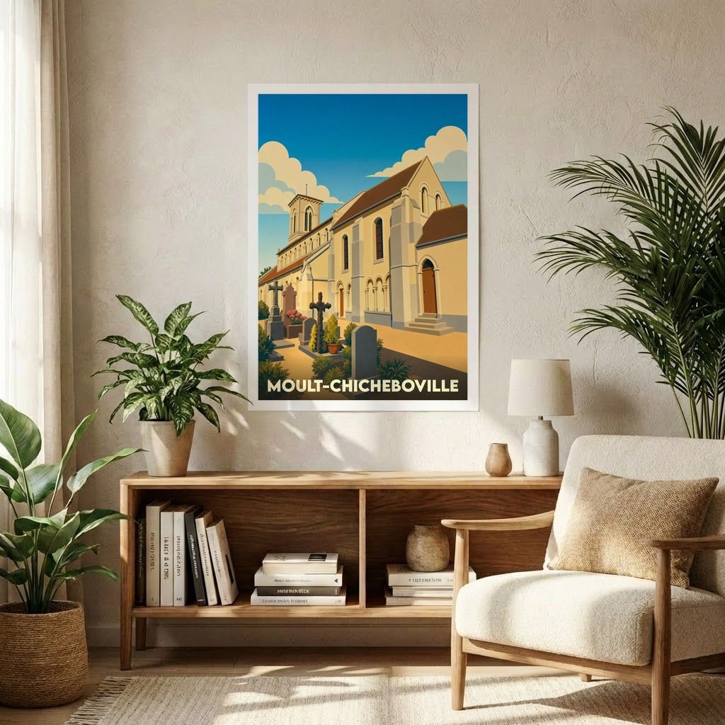 Affiche souvenir de la ville de Moult-Chicheboville représentant son église et son cimetière dans un style graphique épuré.
