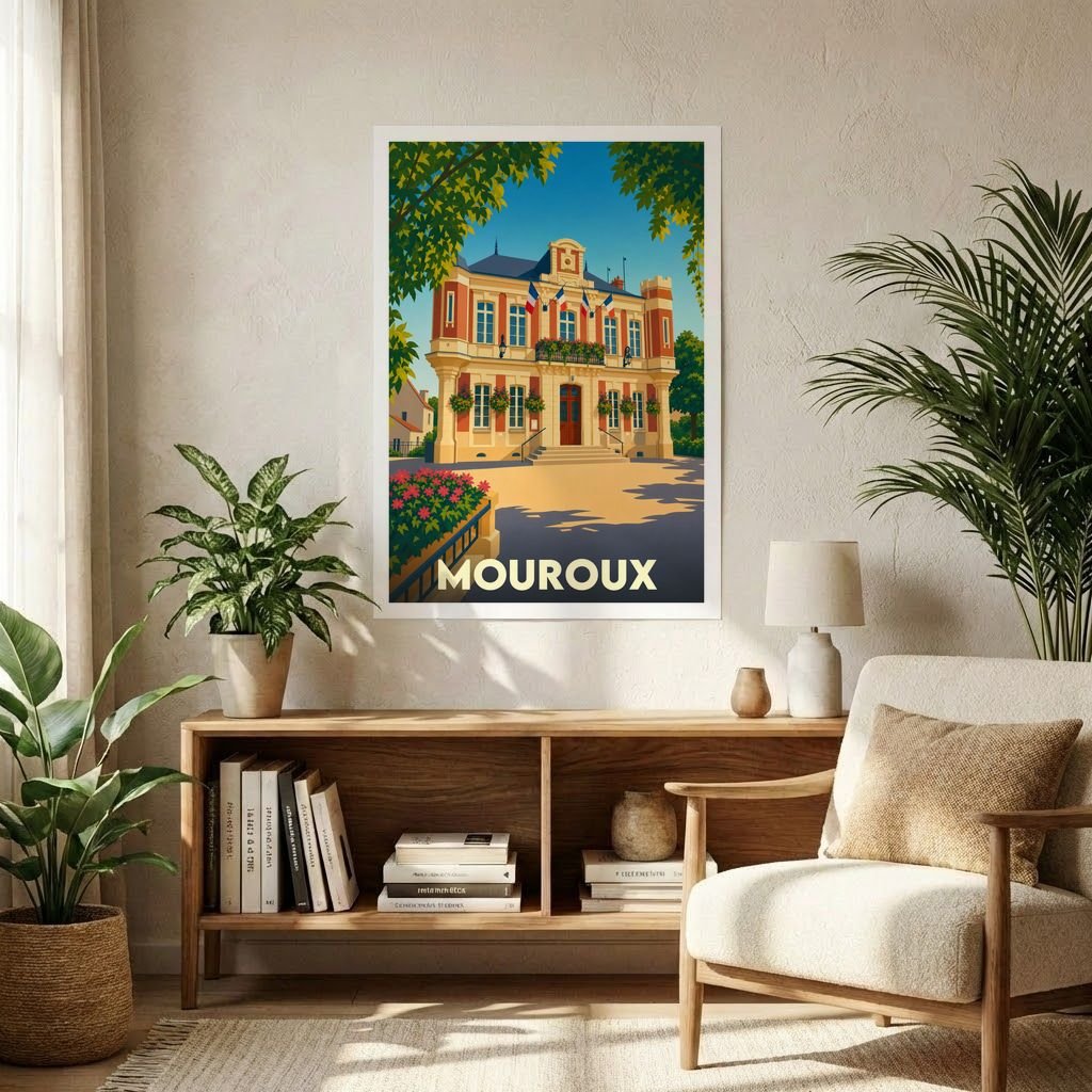 Affiche souvenir de la ville de Mouroux illustrant son hôtel de ville dans un style vintage coloré.