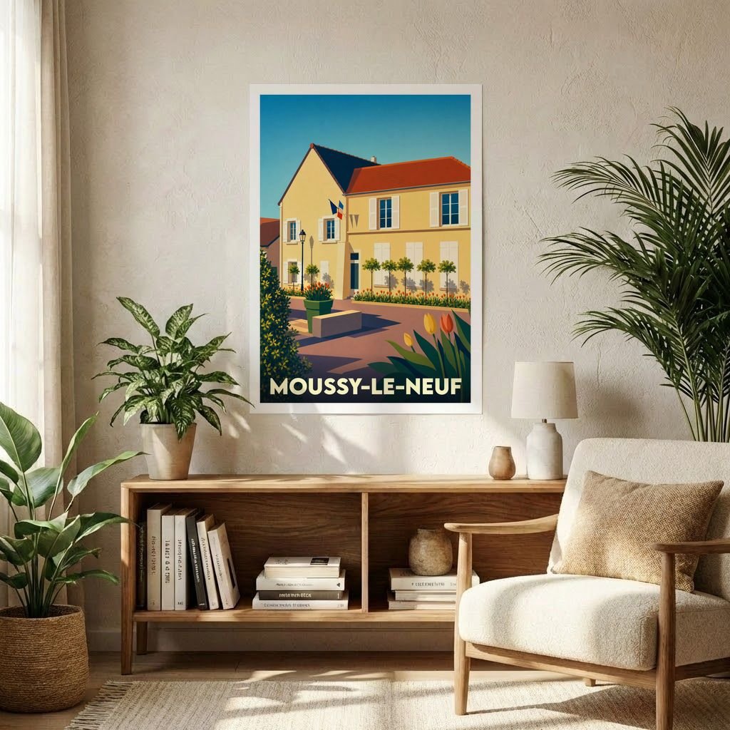 Affiche souvenir de la ville de Moussy-le-Neuf avec une illustration stylisée d'un bâtiment ensoleillé.