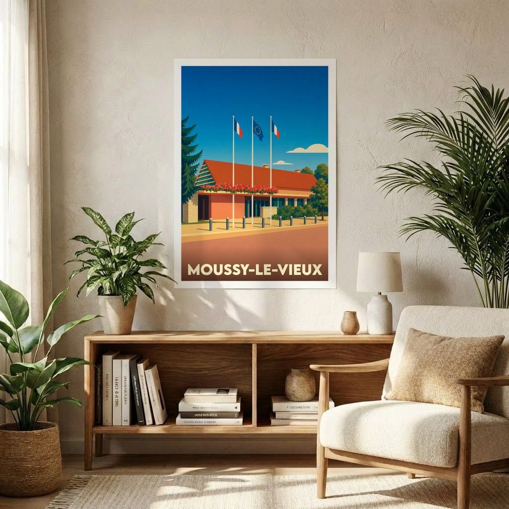 Affiche souvenir de la ville de Moussy-le-Vieux avec une illustration stylisée d'un bâtiment municipal et de drapeaux.