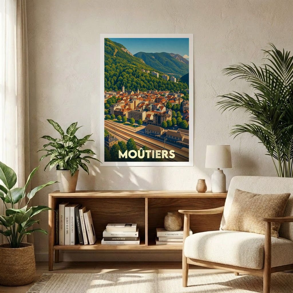 Affiche souvenir de la ville de Moûtiers avec une illustration stylisée d'un paysage montagneux.