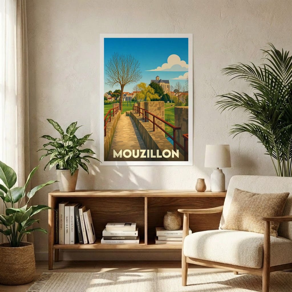 Affiche souvenir de la ville de Mouzillon avec une illustration stylisée d'un pont de pierre menant vers le village.