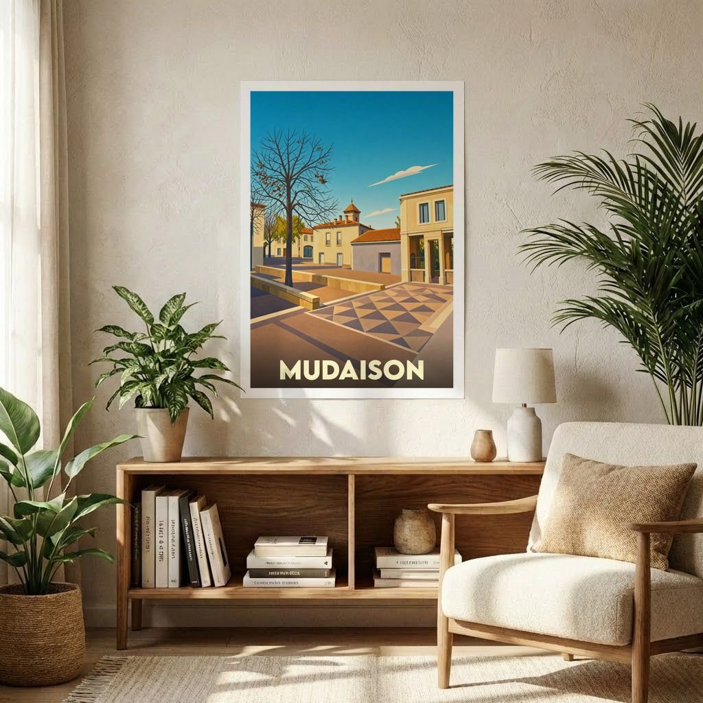 Affiche souvenir de la ville de Mudaison avec une illustration stylisée et colorée de ses rues.