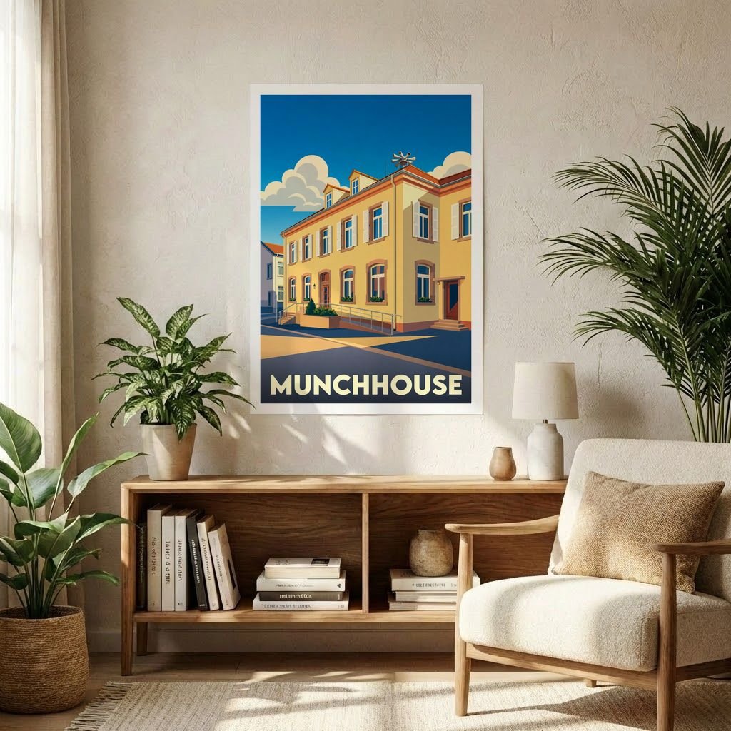Affiche A1 souvenir de la ville de Munchhouse avec une illustration stylisée d'un bâtiment coloré.