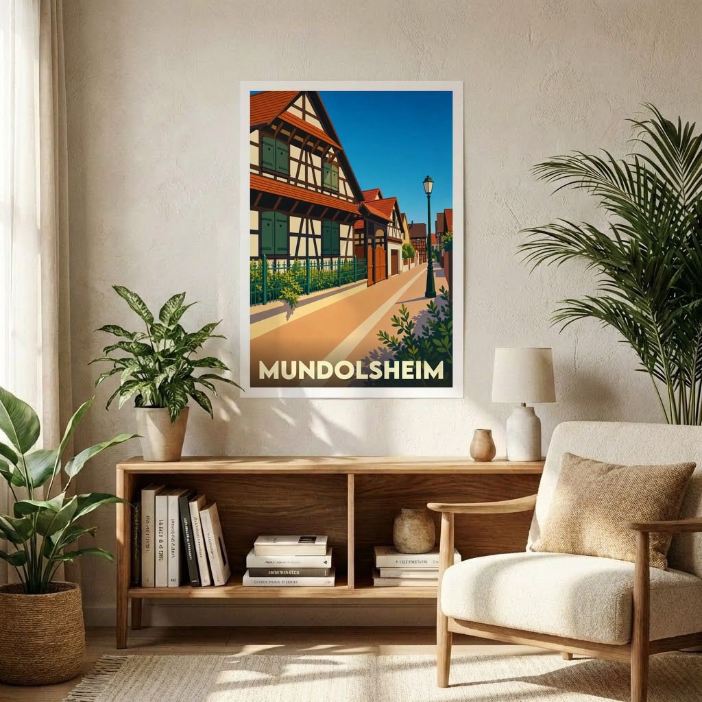 Affiche souvenir de la ville de Mundolsheim avec une illustration stylisée de maisons à colombages alsaciennes.