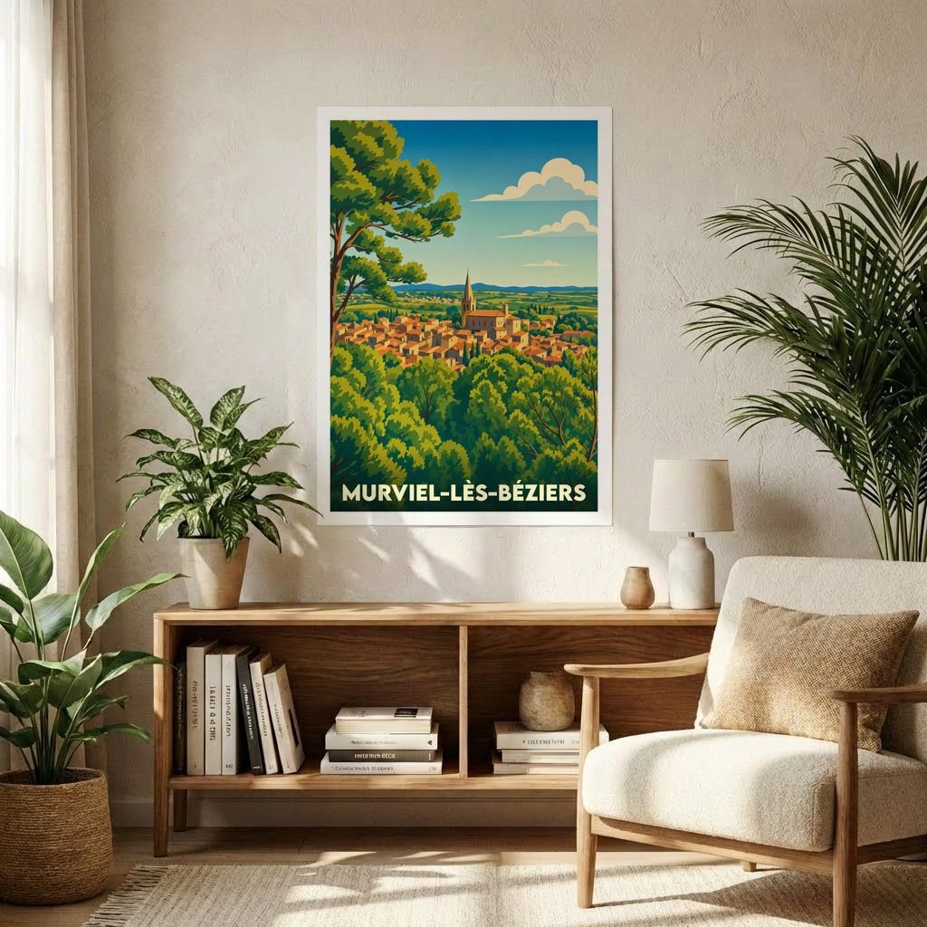Affiche souvenir de la ville de Murviel-lès-Béziers avec une illustration stylisée et colorée du village.