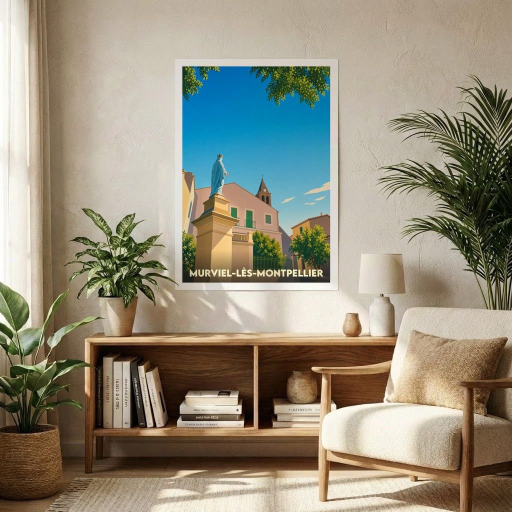 Affiche souvenir de la ville de Murviel-lès-Montpellier avec une illustration stylisée d'une statue et de son église sous un ciel bleu.
