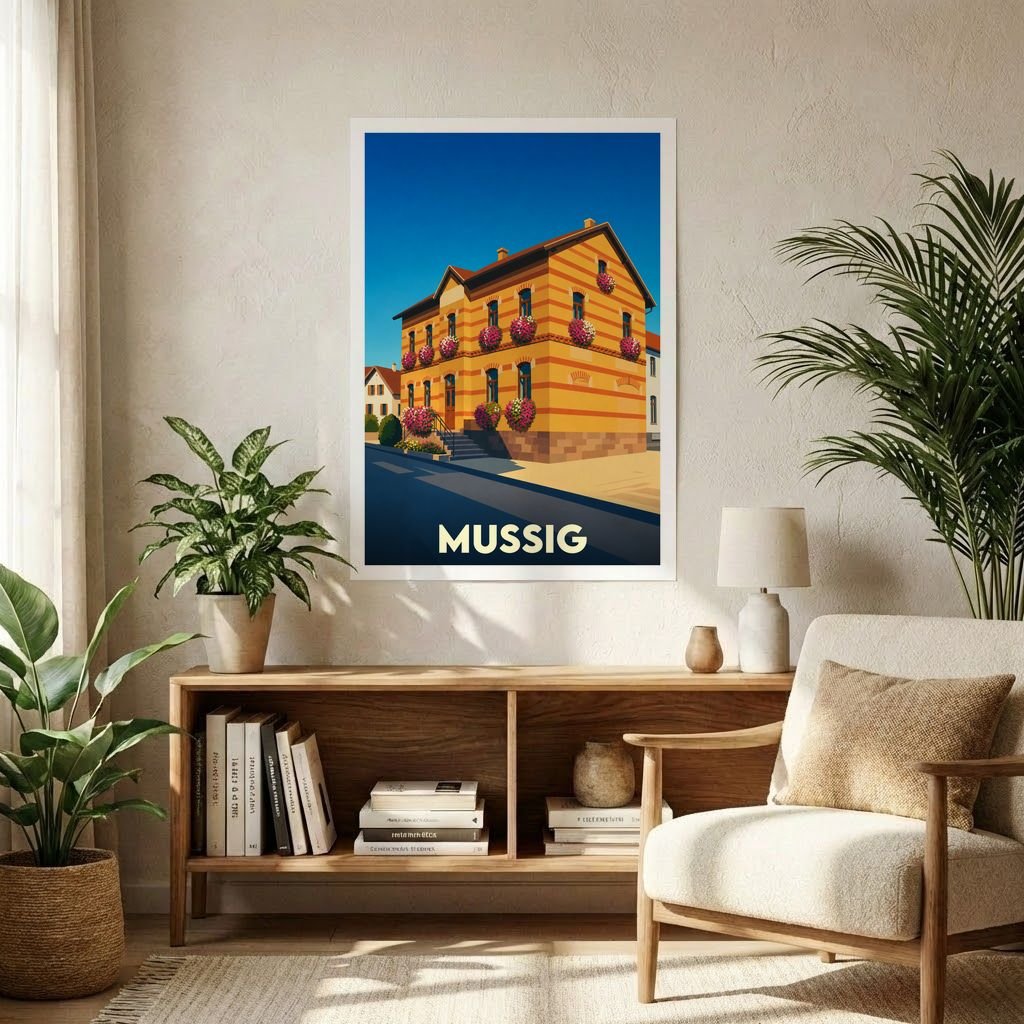 Affiche souvenir de la ville de Mussig illustrant une maison traditionnelle alsacienne ornée de fleurs.