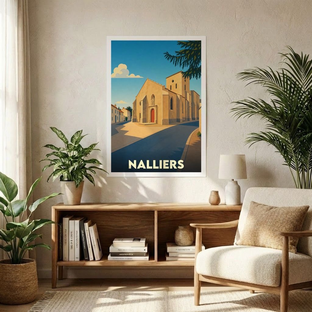 Affiche souvenir de la ville de Nalliers avec une illustration stylisée d'une église sous un ciel bleu.