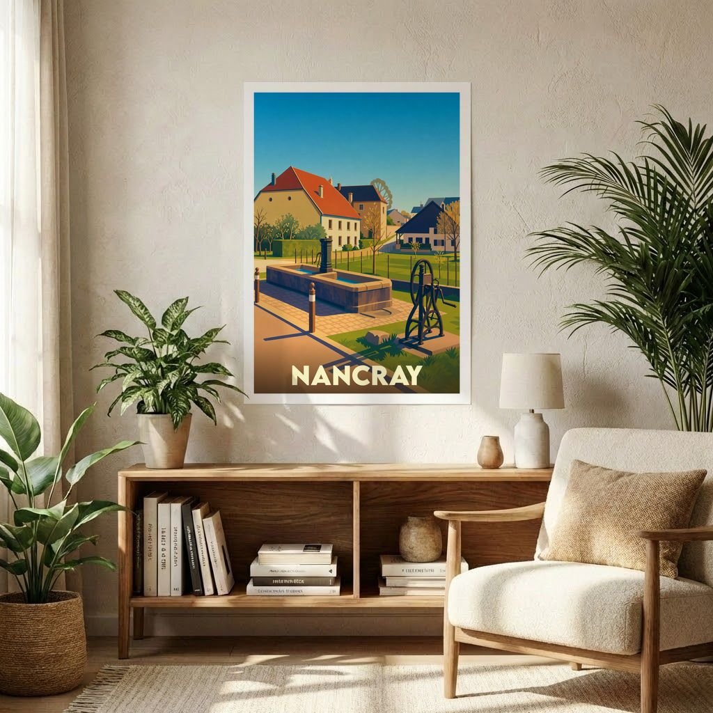 Affiche souvenir de la ville de Nancray avec une illustration stylisée d'un village pittoresque.