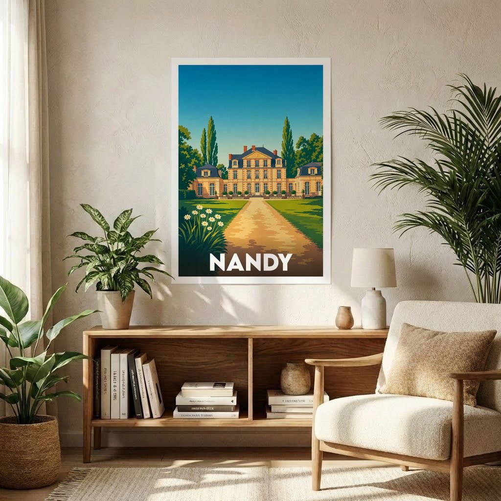Affiche souvenir de la ville de Nandy avec une illustration stylisée de son château.