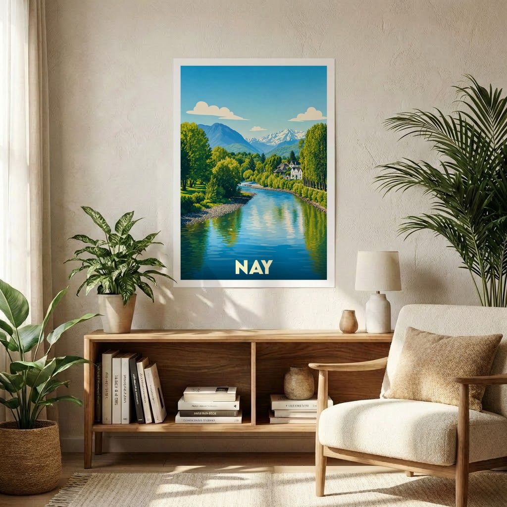 Affiche souvenir de la ville de Nay avec une illustration stylisée de son paysage fluvial et montagneux.