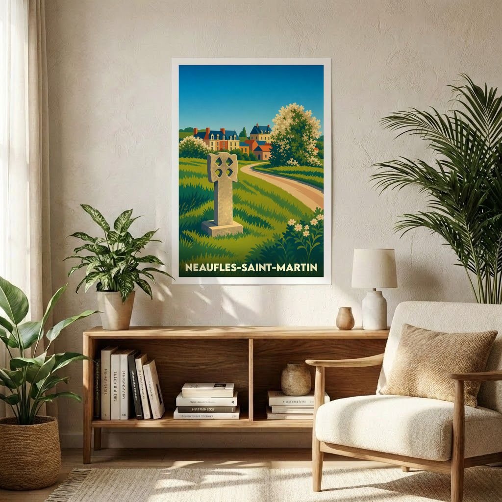 Affiche souvenir de la ville de Neaufles-Saint-Martin avec une illustration stylisée de son paysage et de sa croix monumentale.