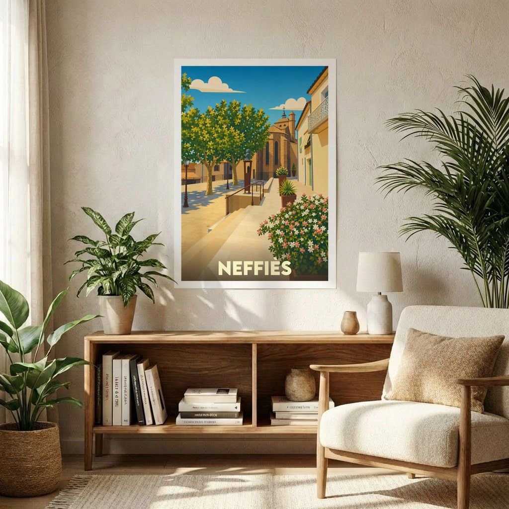 Affiche souvenir de la ville de Neffiès avec une illustration stylisée d'une place ensoleillée.