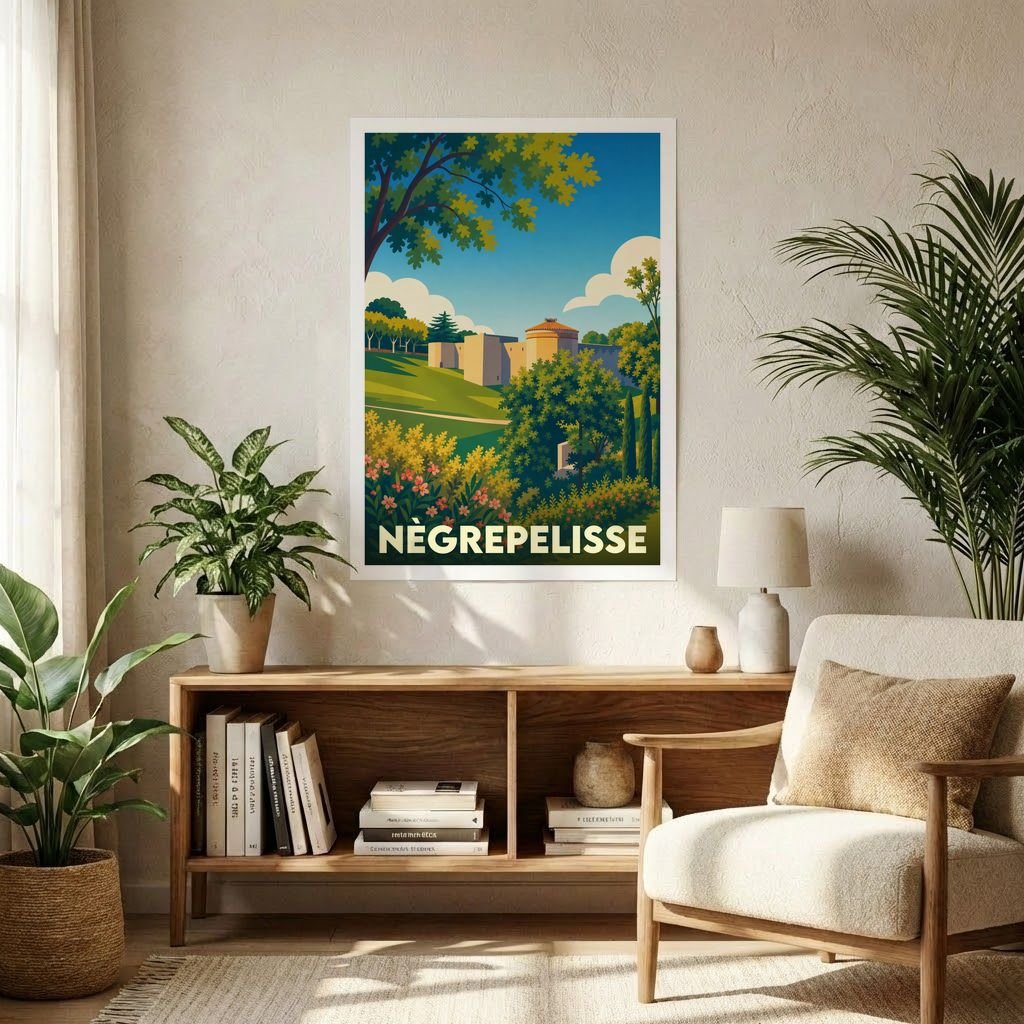 Affiche souvenir de la ville de Nègrepelisse avec une illustration stylisée d'un paysage local verdoyant.