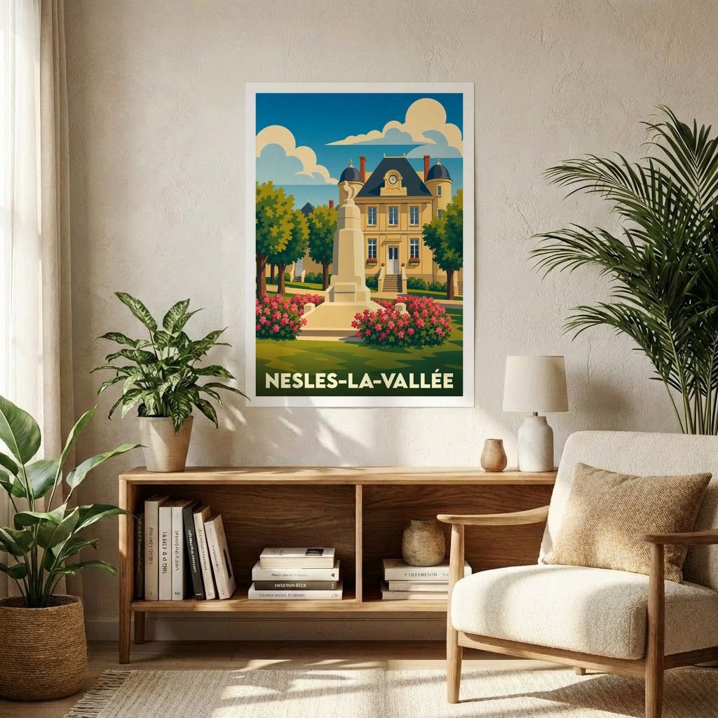Affiche souvenir de la ville de Nesles-la-Vallée avec une illustration stylisée du monument aux morts et de la mairie.