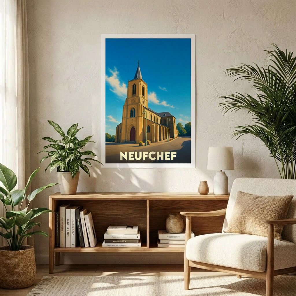 Affiche souvenir de la ville de Neufchef représentant son église dans un style graphique épuré.