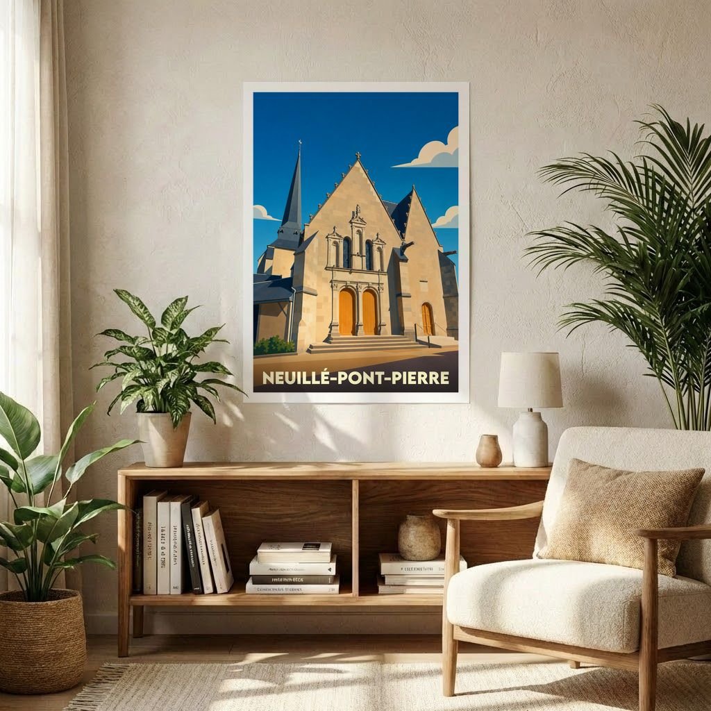Affiche souvenir de la ville de Neuillé-Pont-Pierre avec une illustration stylisée de son église.