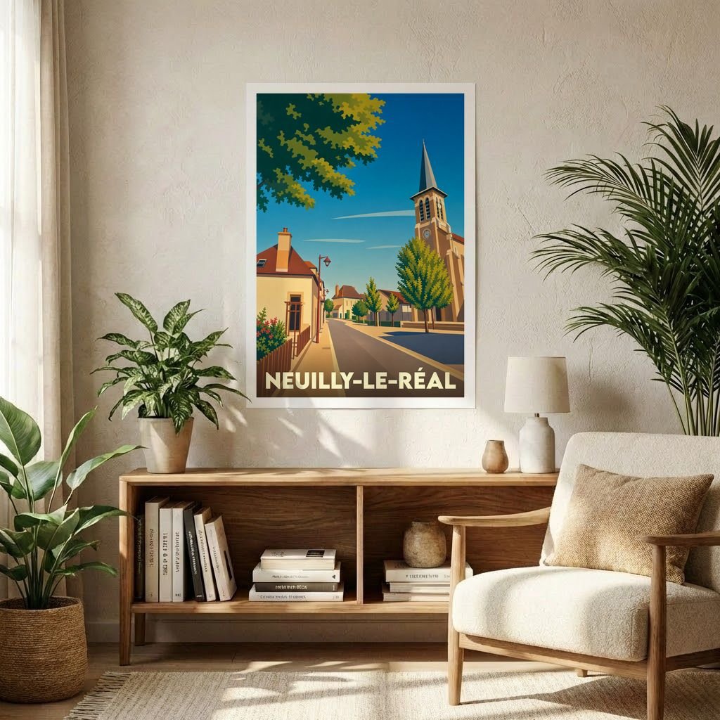 Affiche souvenir de la ville de Neuilly-le-Réal avec une illustration stylisée.