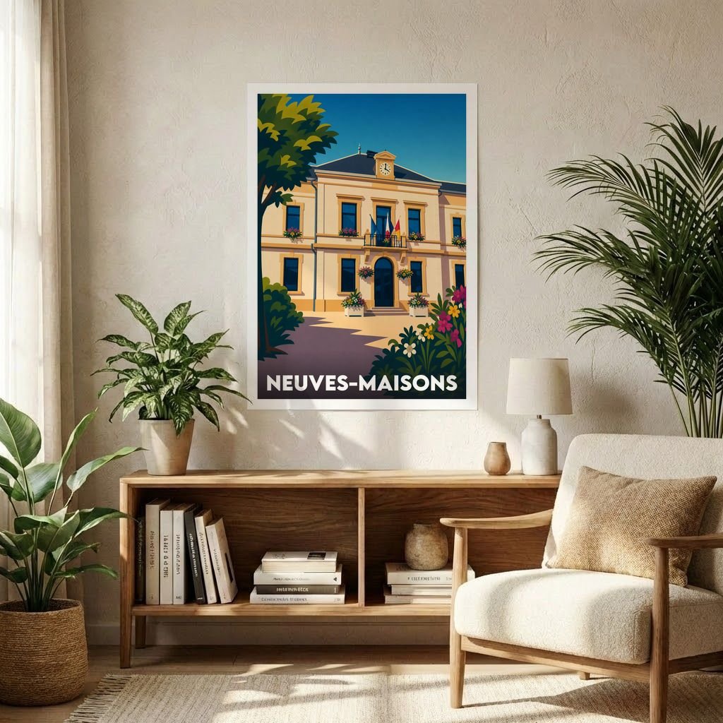 Affiche souvenir de la ville de Neuves-Maisons avec une illustration stylisée de son hôtel de ville.