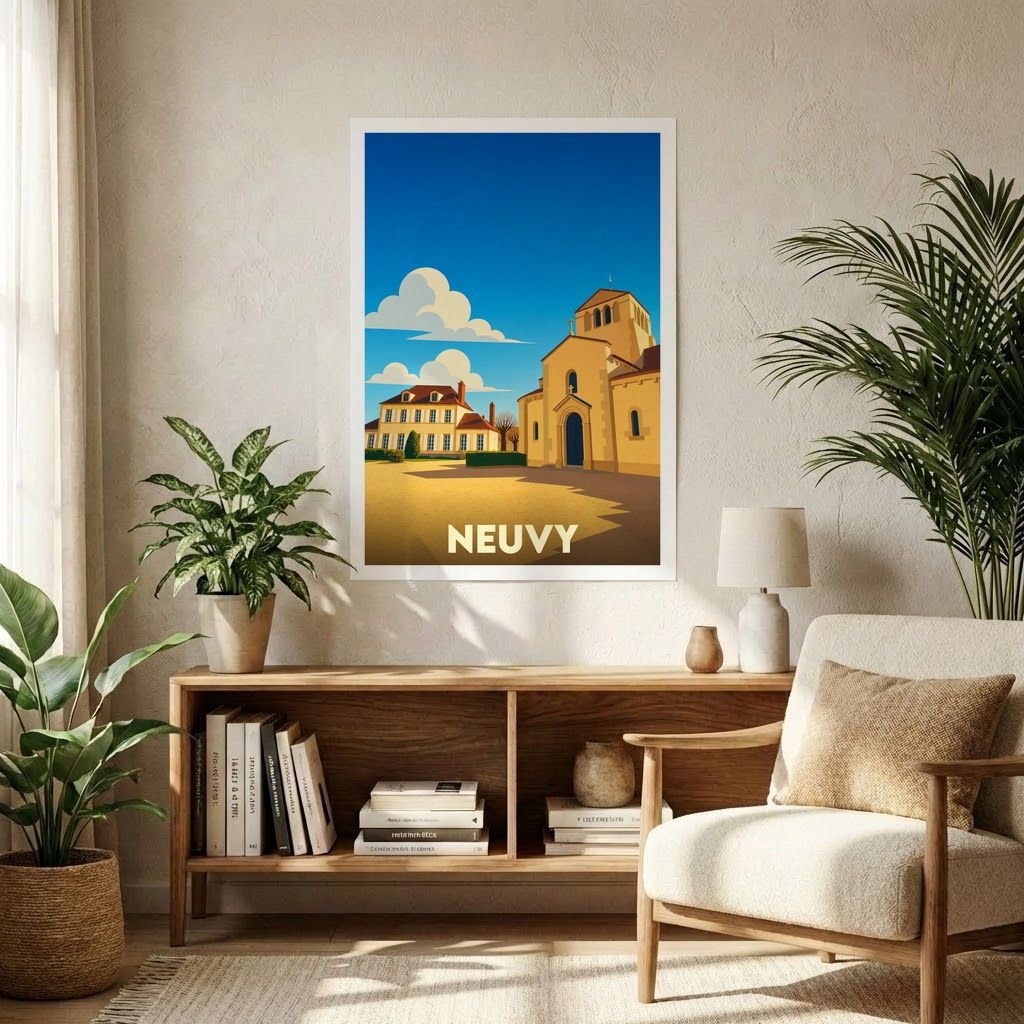 Affiche souvenir de la ville de Neuvy avec une illustration stylisée d'une église et de bâtiments sous un ciel bleu.