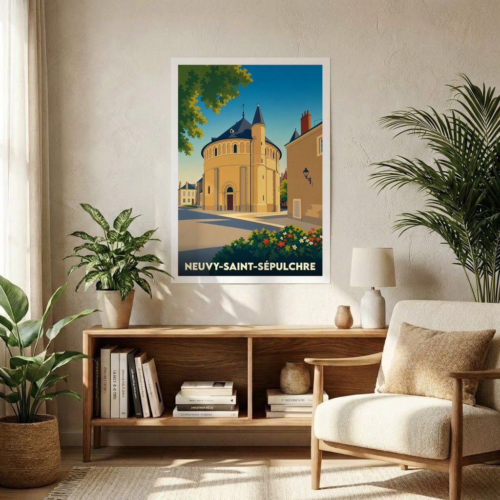Affiche souvenir de la ville de Neuvy-Saint-Sépulchre avec une illustration stylisée de sa basilique circulaire.