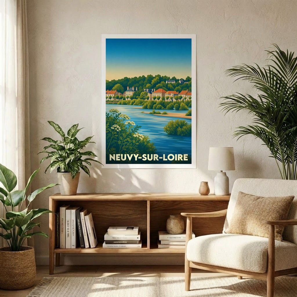 Affiche souvenir de la ville de Neuvy-sur-Loire avec une illustration stylisée des bords de Loire.
