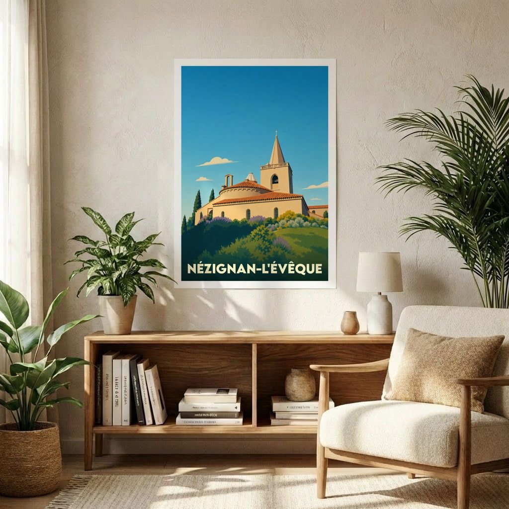 Affiche souvenir de la ville de Nézignan-l'Évêque avec une illustration stylisée de son église sous un ciel bleu.