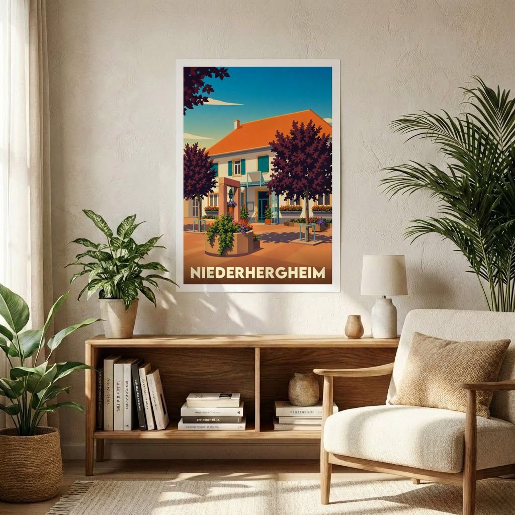 Affiche souvenir de la ville de Niederhergheim avec une illustration stylisée et colorée mise en scène dans un intérieur.
