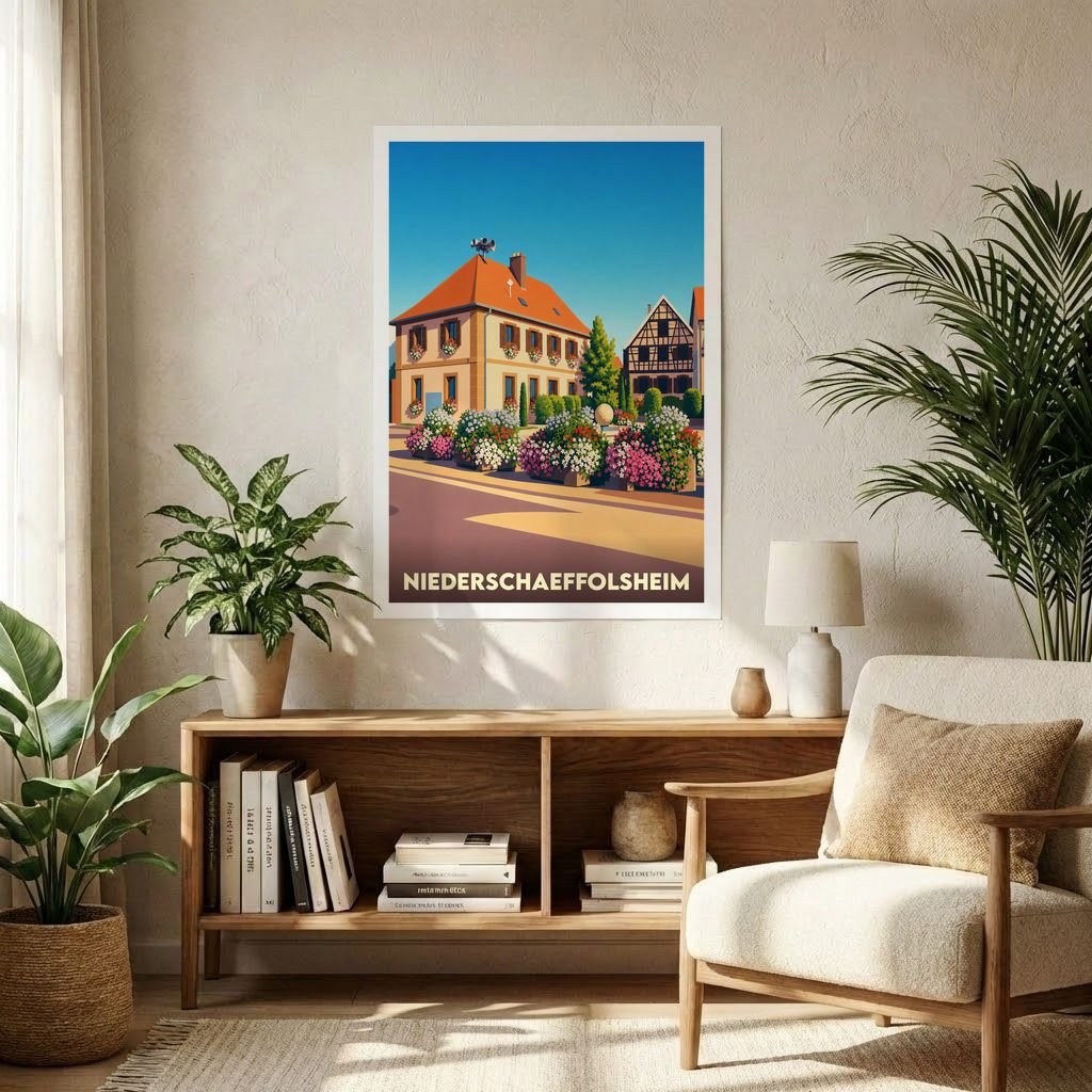 Affiche souvenir de la ville de Niederschaeffolsheim avec une illustration stylisée et colorée.