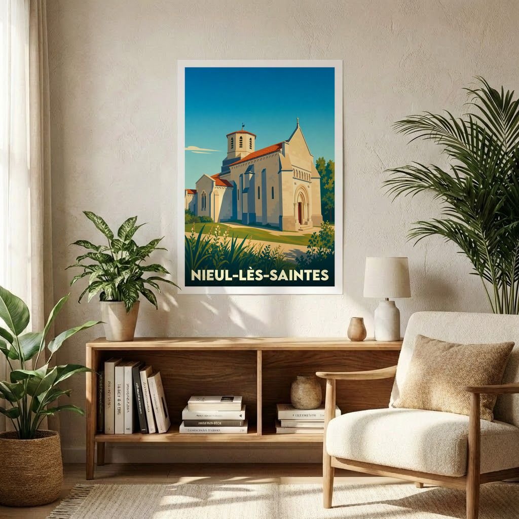 Affiche souvenir de la ville de Nieul-lès-Saintes avec une illustration stylisée de son église romane.