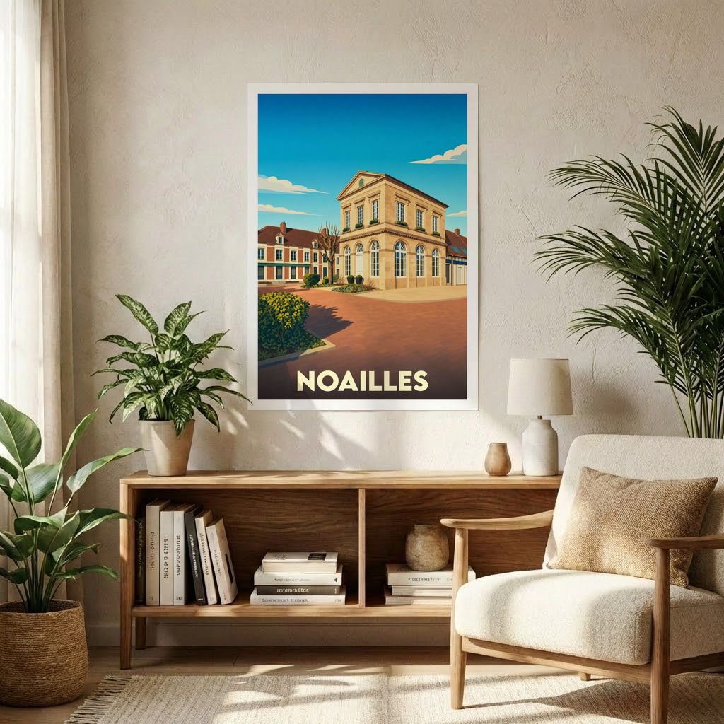 Affiche souvenir de la ville de Noailles avec une illustration stylisée d'un bâtiment historique.
