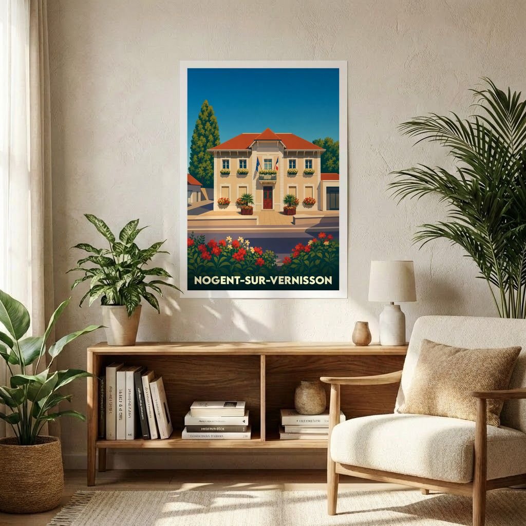 Affiche souvenir de la ville de Nogent-sur-Vernisson avec une illustration stylisée de sa mairie.