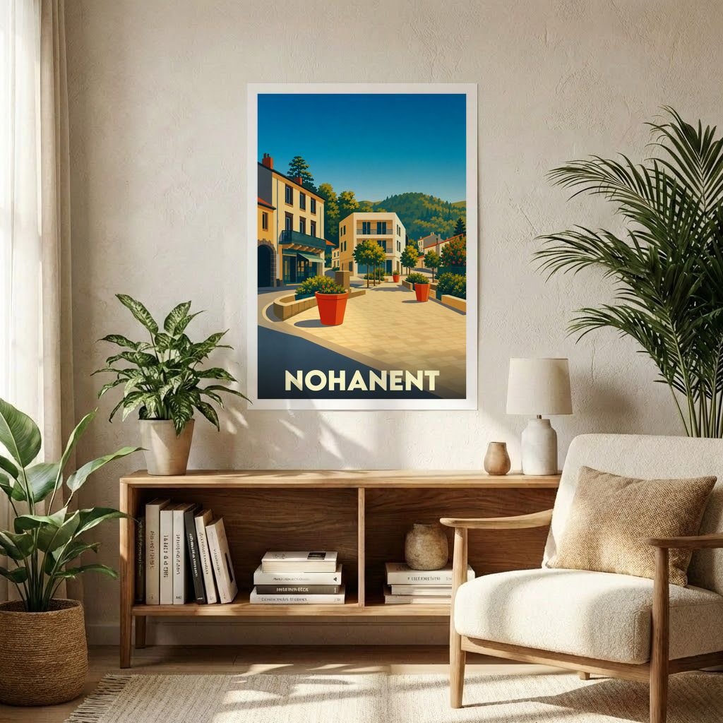 Affiche souvenir de la ville de Nohanent avec une illustration stylisée d'une place ensoleillée.