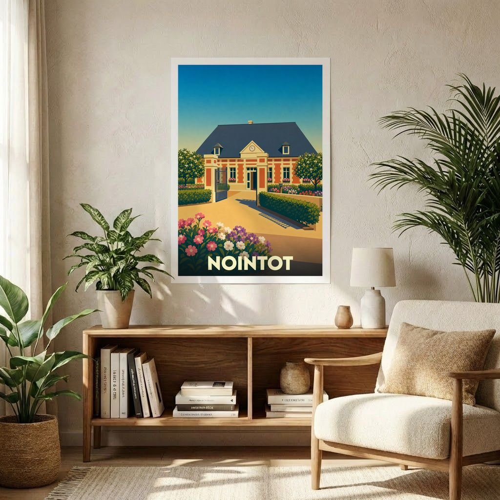 Affiche souvenir de la ville de Nointot avec une illustration stylisée d'une demeure bourgeoise fleurie.