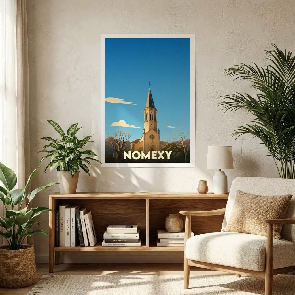 Affiche souvenir de la ville de Nomexy illustrant son église dans un style graphique épuré.
