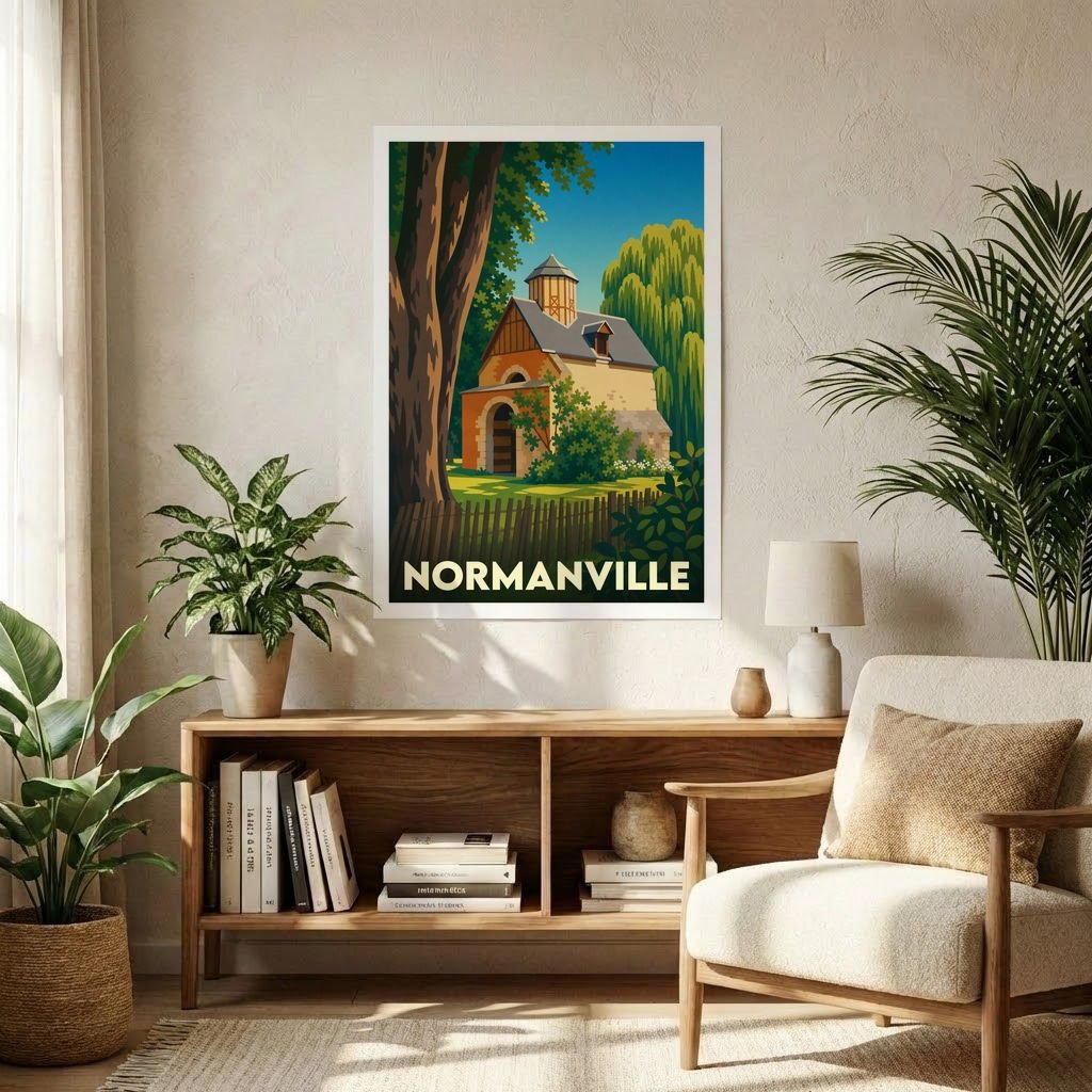 Affiche souvenir de la ville de Normanville avec une illustration stylisée d'un bâtiment historique entouré de végétation.