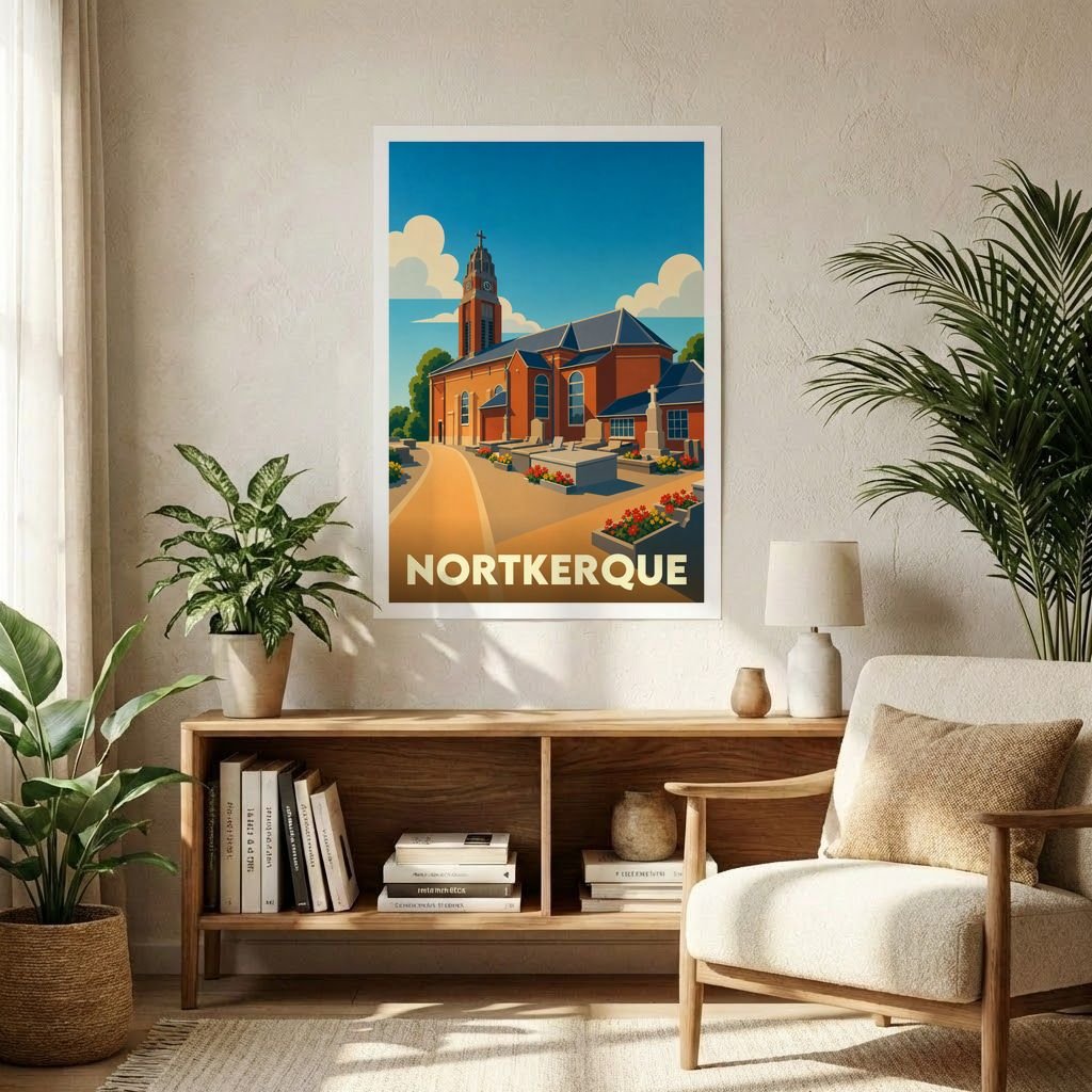 Affiche souvenir de la ville de Nortkerque avec une illustration stylisée de son église et de son cimetière.