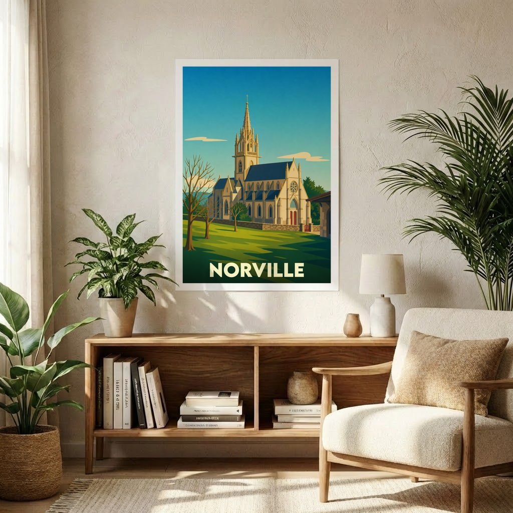 Affiche souvenir de la ville de Norville représentant une église de style gothique dans un décor bucolique.
